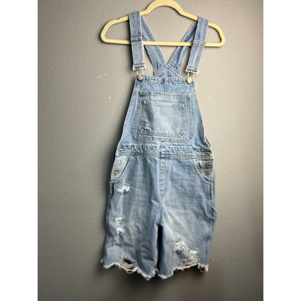 KanCan Light Wash Distressed Denim Shortalls Country Chic Size M Raw Hem Blue